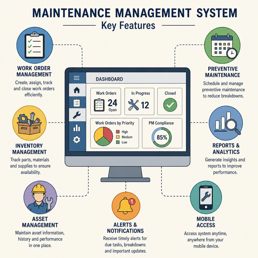 Illustration highlighting key features of a maintenance management system